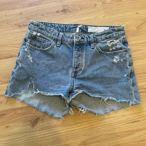 Rag & bone Dre low rise blue denim shorts 26 Button Fly Distressed Frayed Sexy - Picture 1 of 14